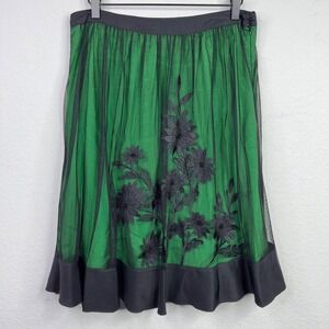 Anthropologie Lithe Skirt 6 Green Black Embroidered Overlay Romantic Whimsigoth‎